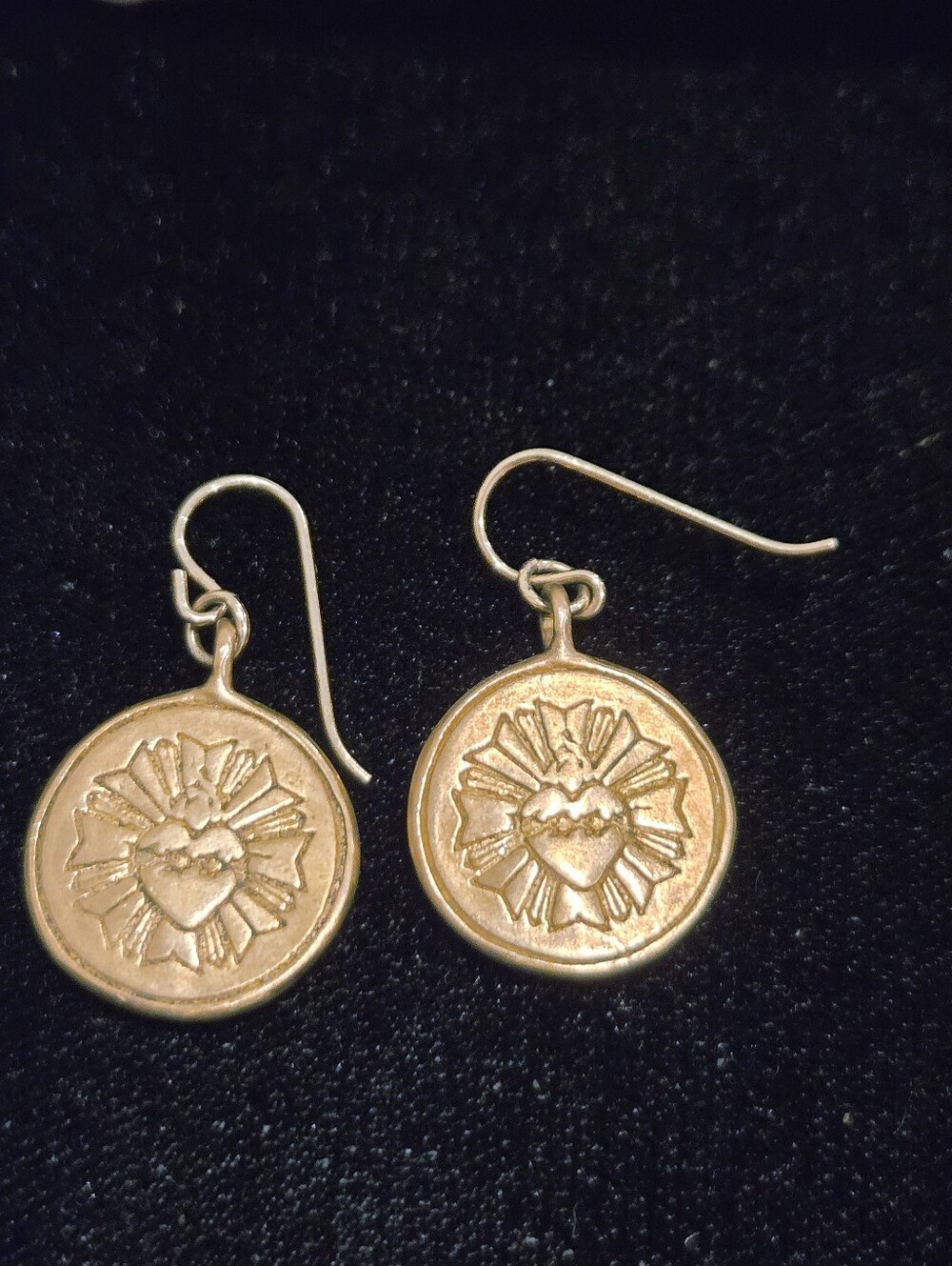 Gold Tone Sacred Heart Medallion Drop Earrings